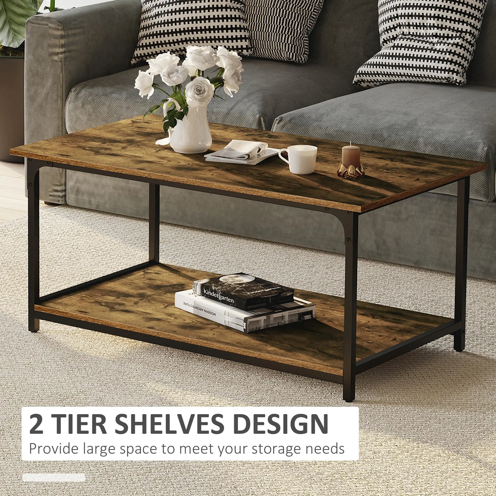 Industrial Coffee Table with Storage Shelf, 2-Tier, Rustic Brown Coffee Tables at Gallery Canada