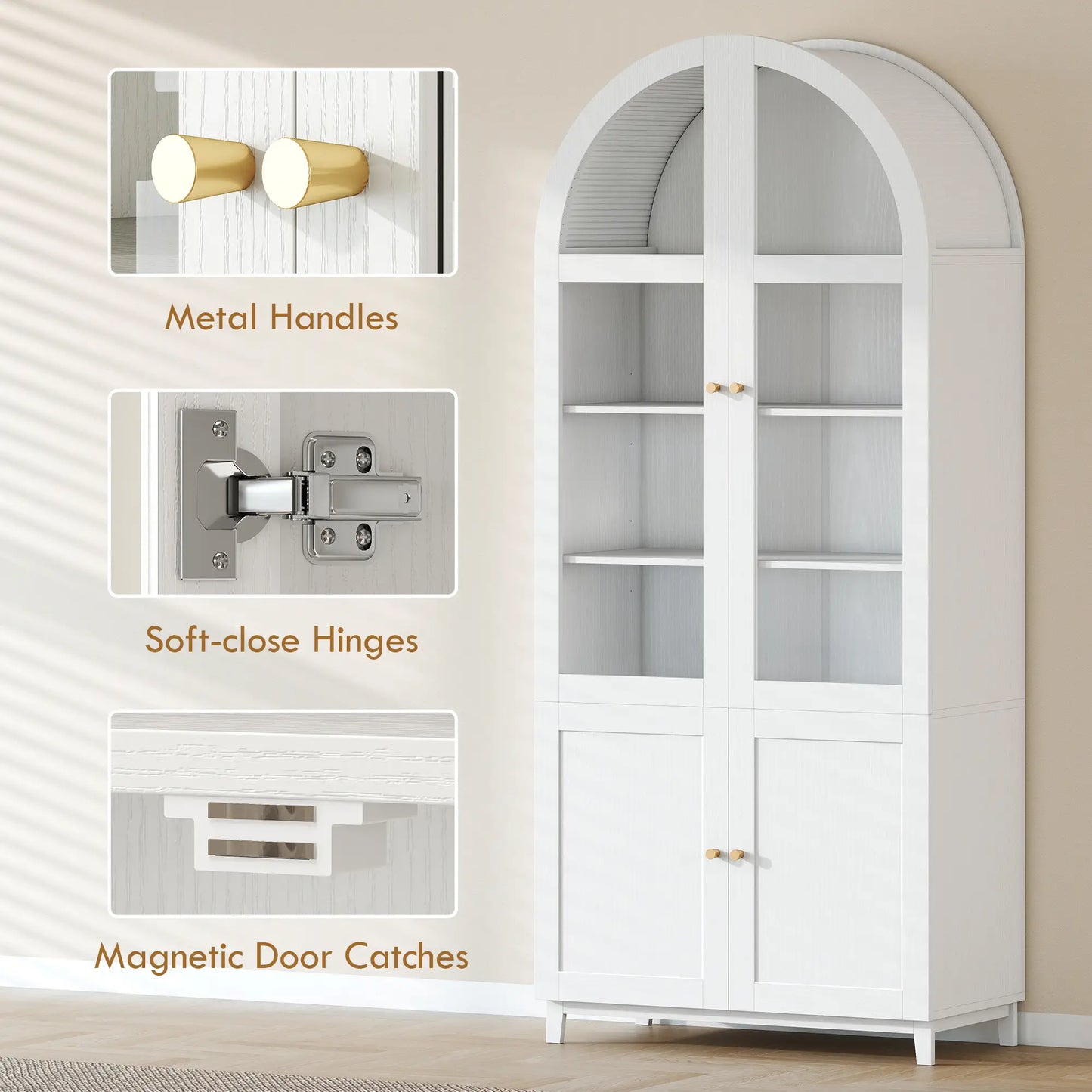 Armoire de garde-manger à arche, 71" de haut, portes en verre acrylique, blanc