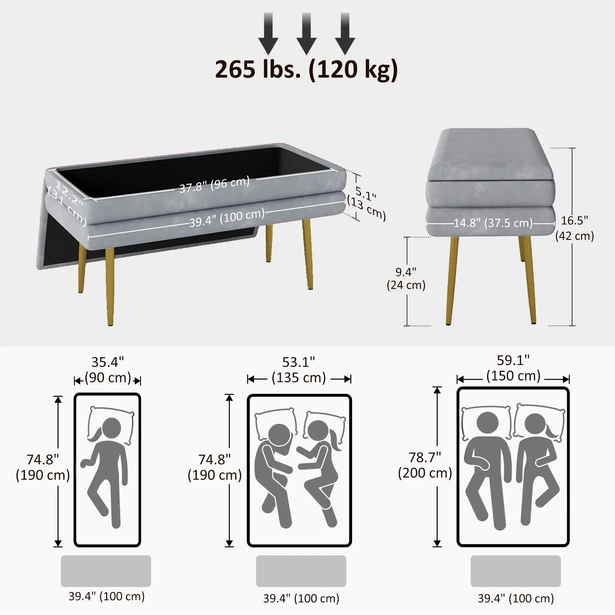Velvet Upholstered Bench, Thick Padded Seat, Steel Legs, Dark Grey Storage Ottomans & Benches at Gallery Canada