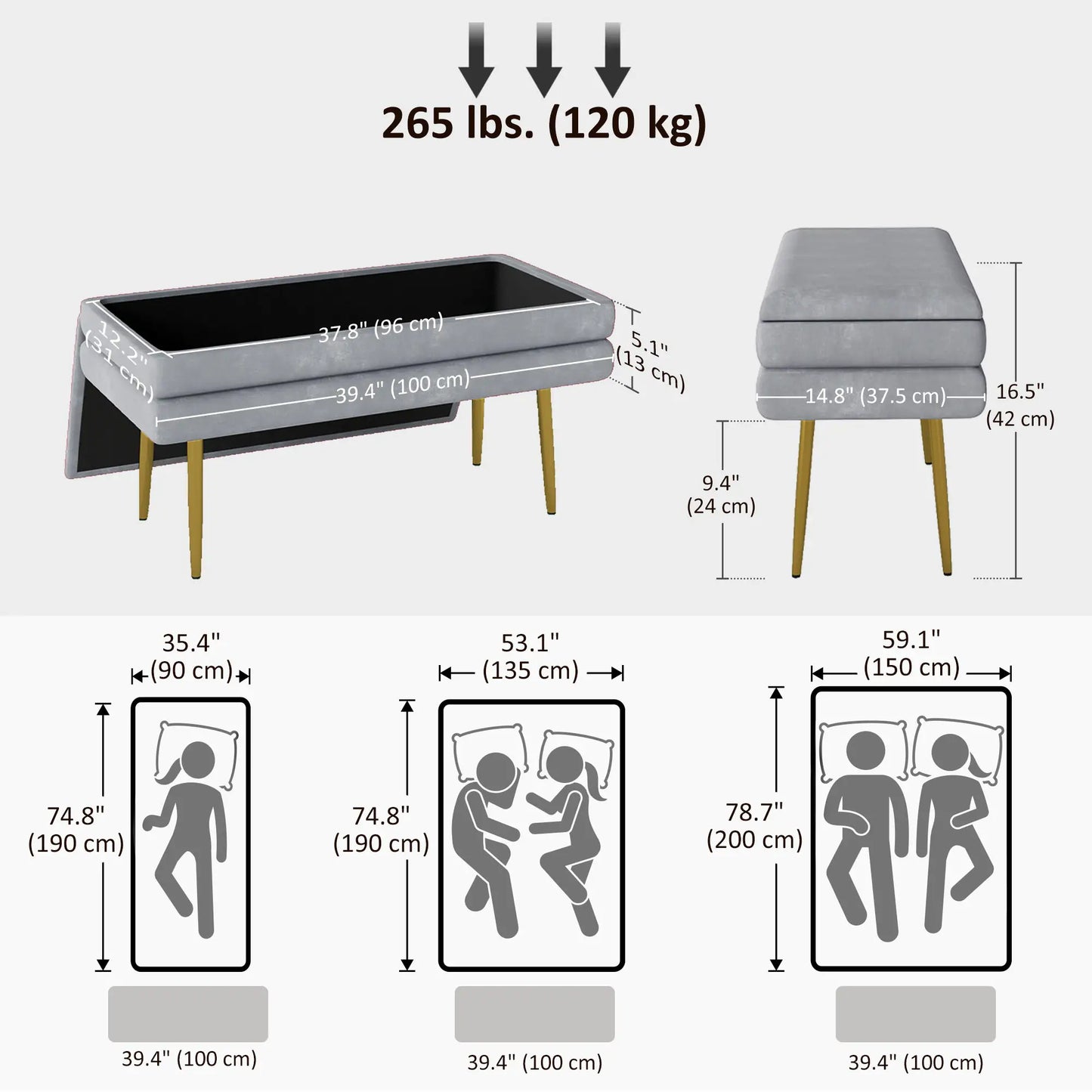 Velvet Upholstered Bench, Thick Padded Seat, Steel Legs, Dark Grey Storage Ottomans & Benches at Gallery Canada