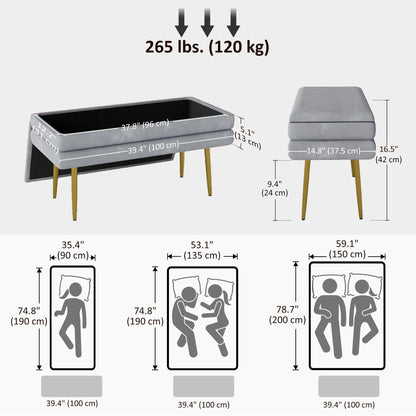 Velvet Upholstered Bench, Thick Padded Seat, Steel Legs, Dark Grey Storage Ottomans & Benches at Gallery Canada