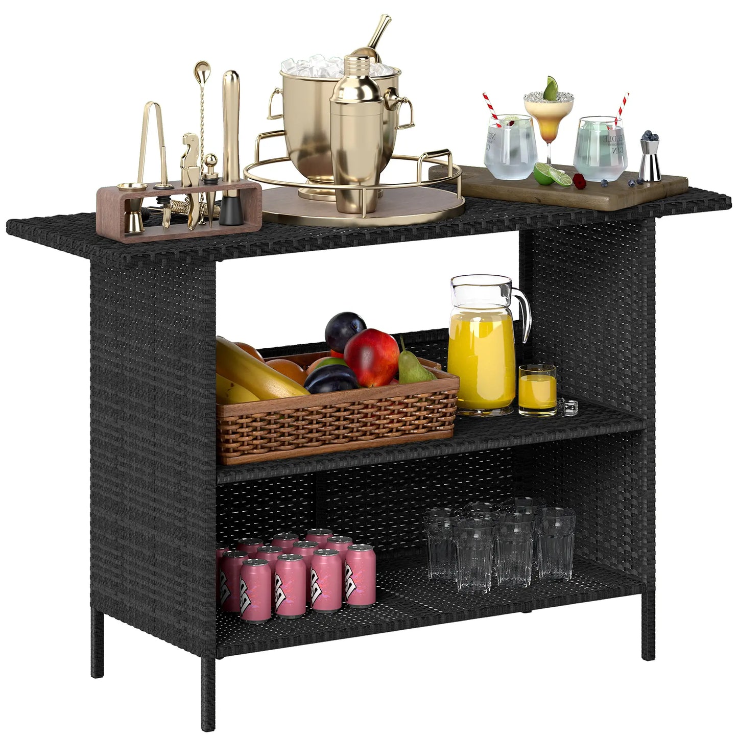 PE Rattan Outdoor Bar Table, 2 Shelves, Black Patio Side Tables at Gallery Canada