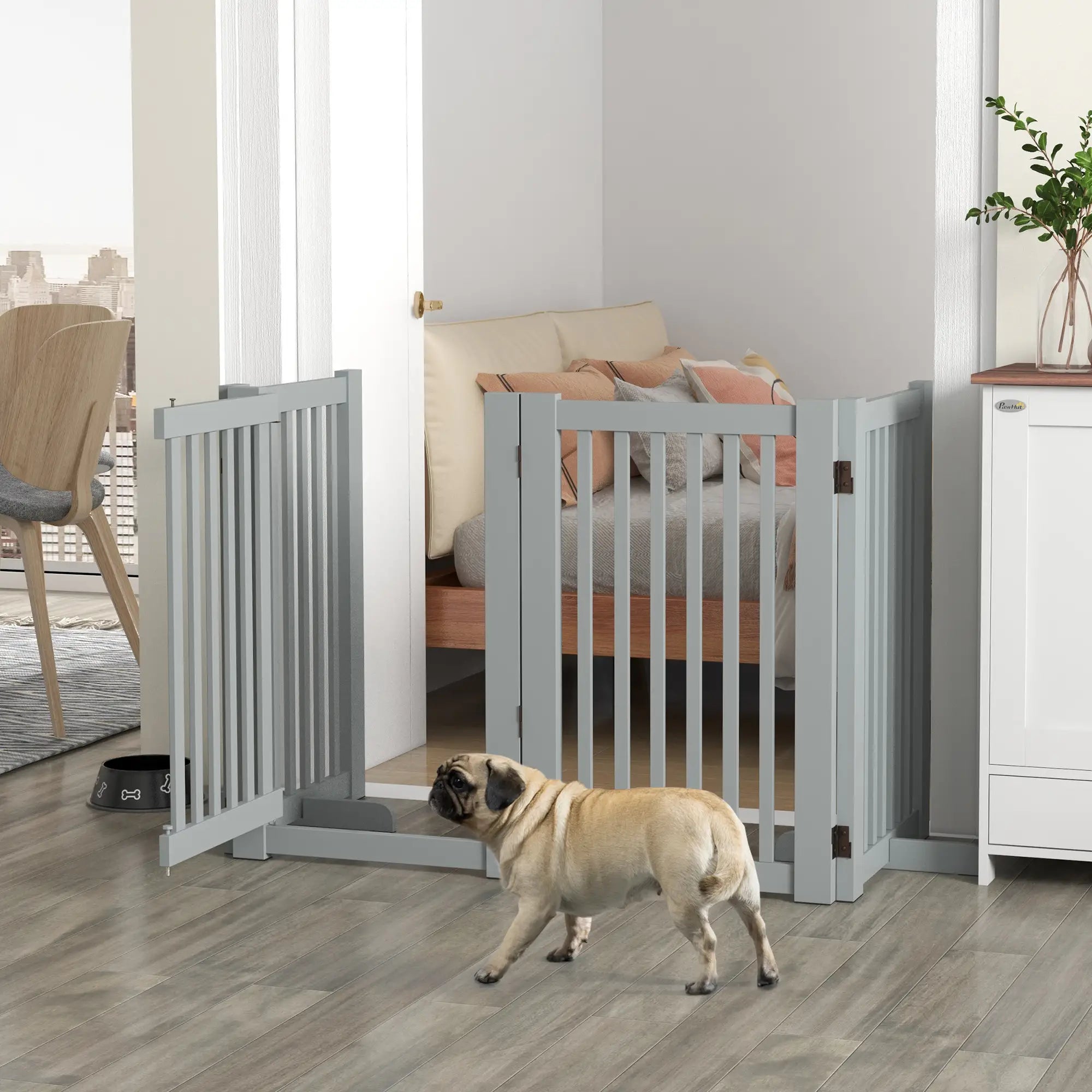 4 Panel Wooden Pet Gate, Free Standing, Open Door, Light Grey Houses, Kennels & Pens at Gallery Canada
