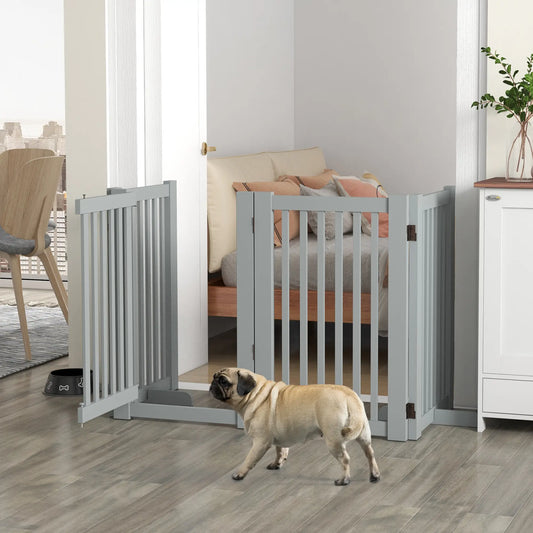 4 Panel Wooden Pet Gate, Free Standing, Open Door, Light Grey Houses, Kennels & Pens Light Grey at Gallery Canada