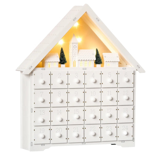 Christmas Advent Calendar, Light Up Wooden House, Countdown Drawer, White