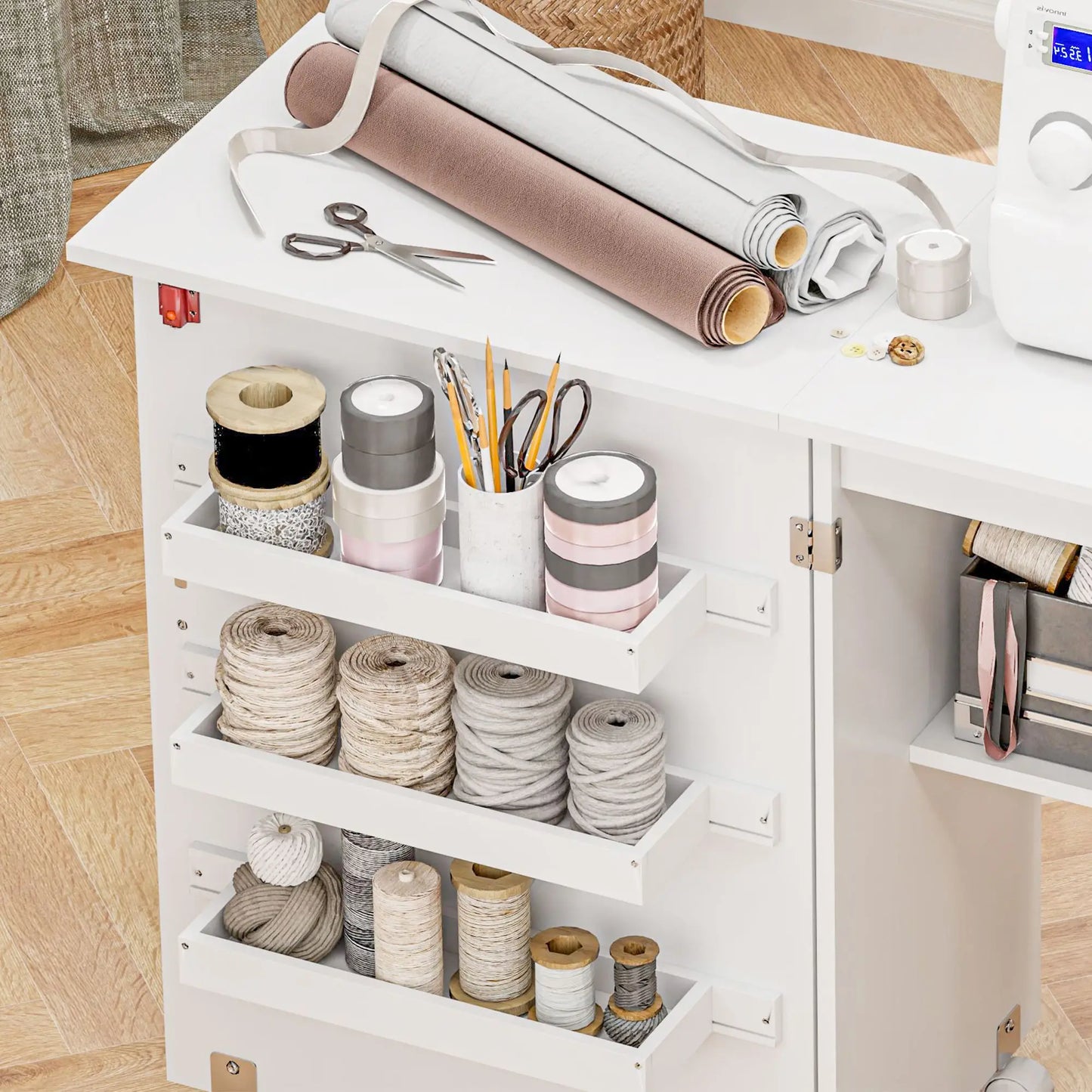 Folding Sewing Table with Storage, Lockable Wheels, White Storage Cabinets at Gallery Canada