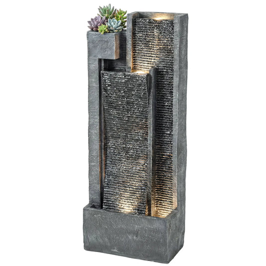 3-Tier Outdoor Water Fountain With LED Lights, Planter, Pump, Dark Grey Water Fountains Dark Grey at Gallery Canada