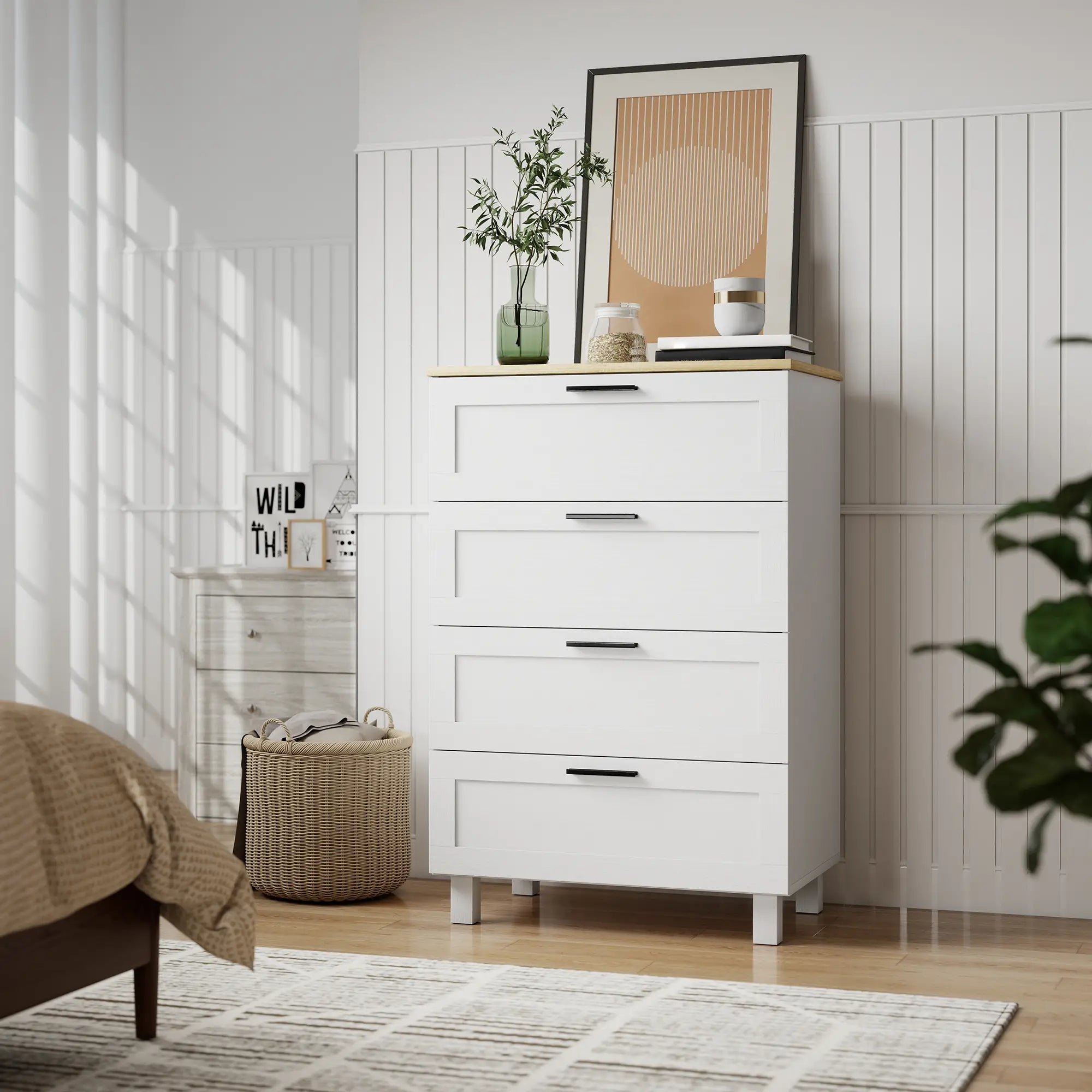 4 Drawer Dresser, Solid Wood Legs, White Storage Cabinets at Gallery Canada