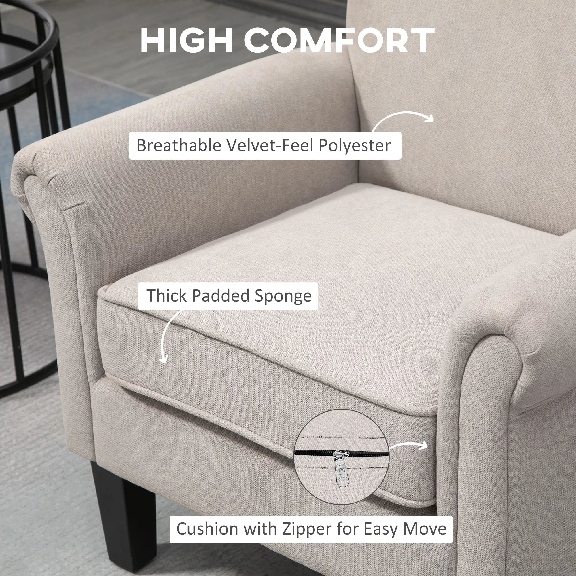 Upholstered Accent Chair, Soft Velvet Fabric, Rolled Armrest, Grey Single Sofas at Gallery Canada