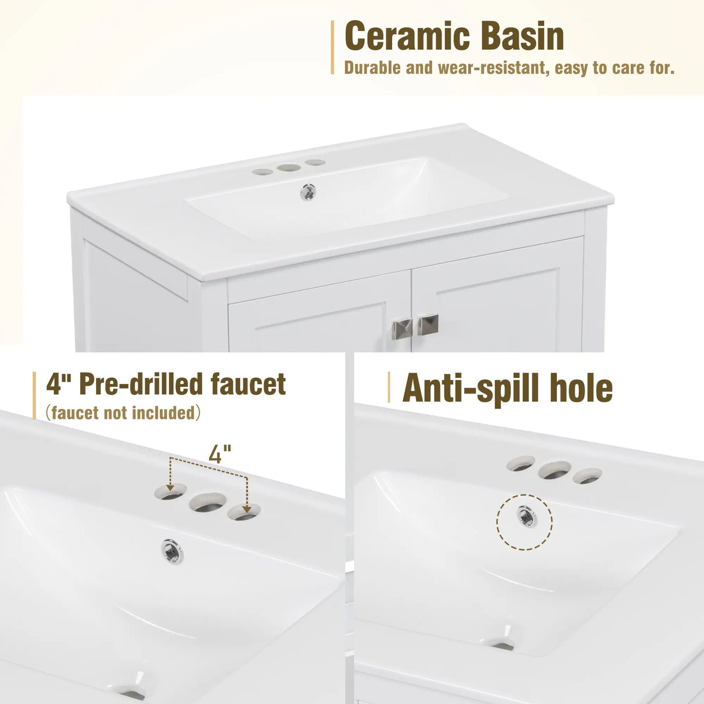 Single Sink Bathroom Vanity, Solid Wood, Soft-Close Doors, 30" L x 18.5" W x 34" H, White Sink Cabinets at Gallery Canada