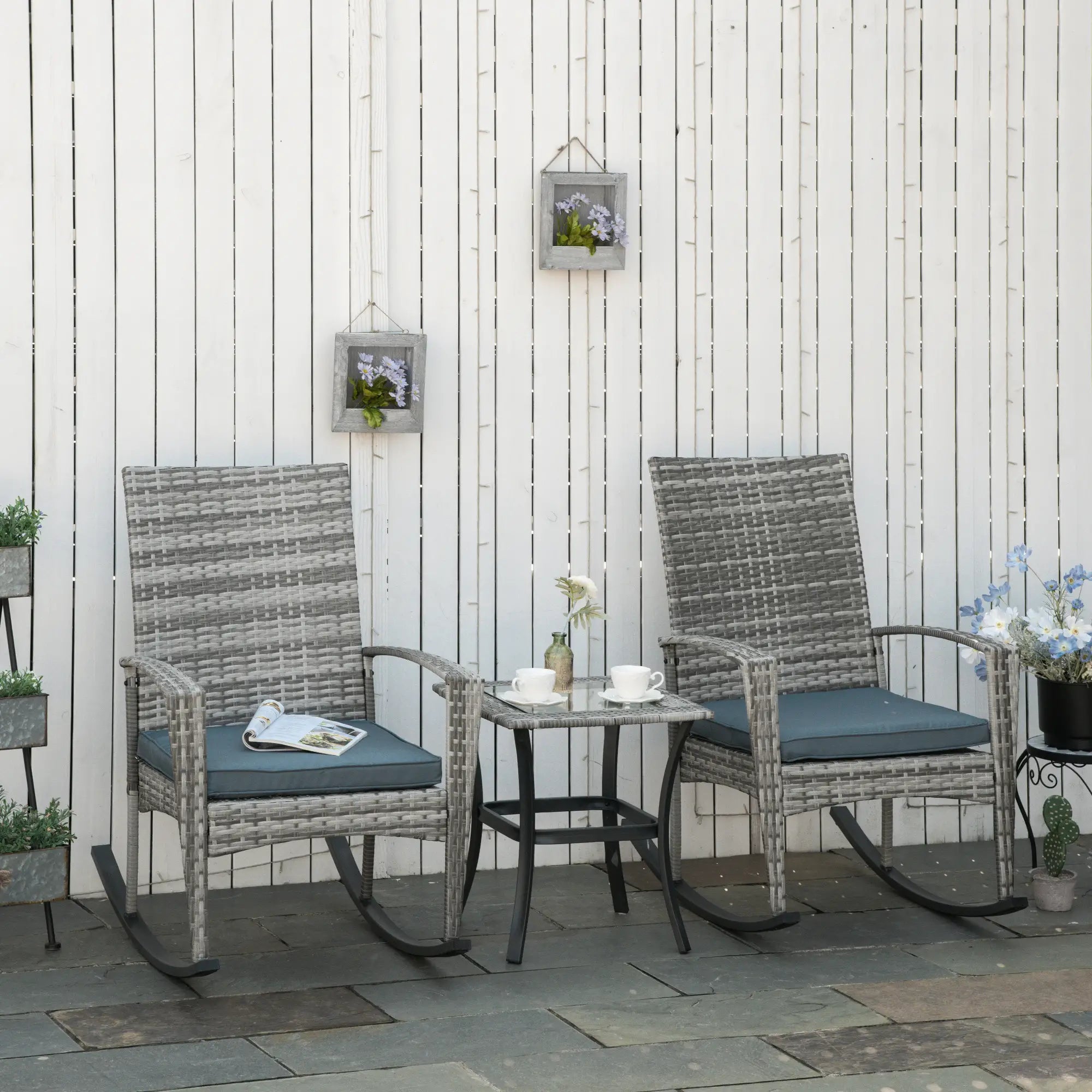 3-Piece Patio Wicker Rocking Chair Set, Outdoor PE Rattan, 2 Chairs 1 Table, Grey Outdoor Rocking Chairs at Gallery Canada