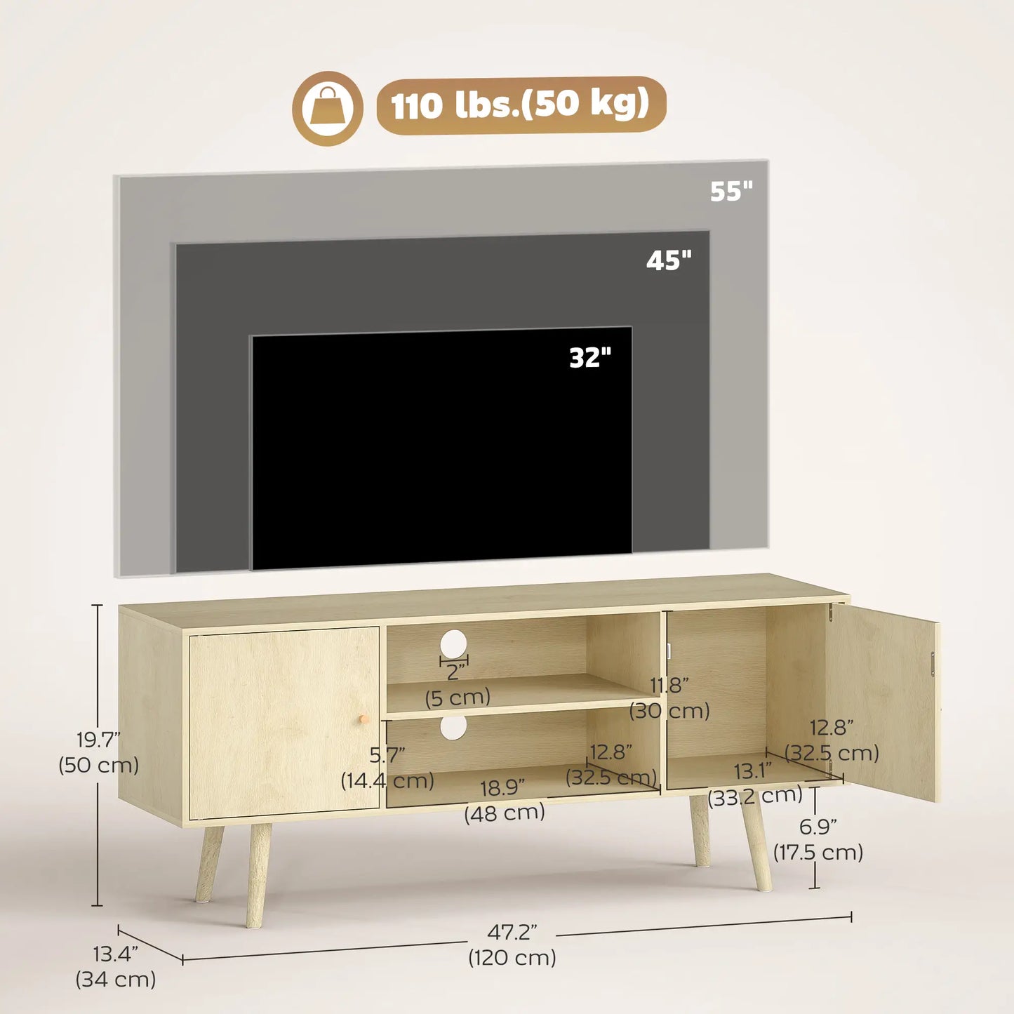 TV Stand For TVs Up To 55 Inches, Storage Shelves, Wood Legs TV Stands at Gallery Canada