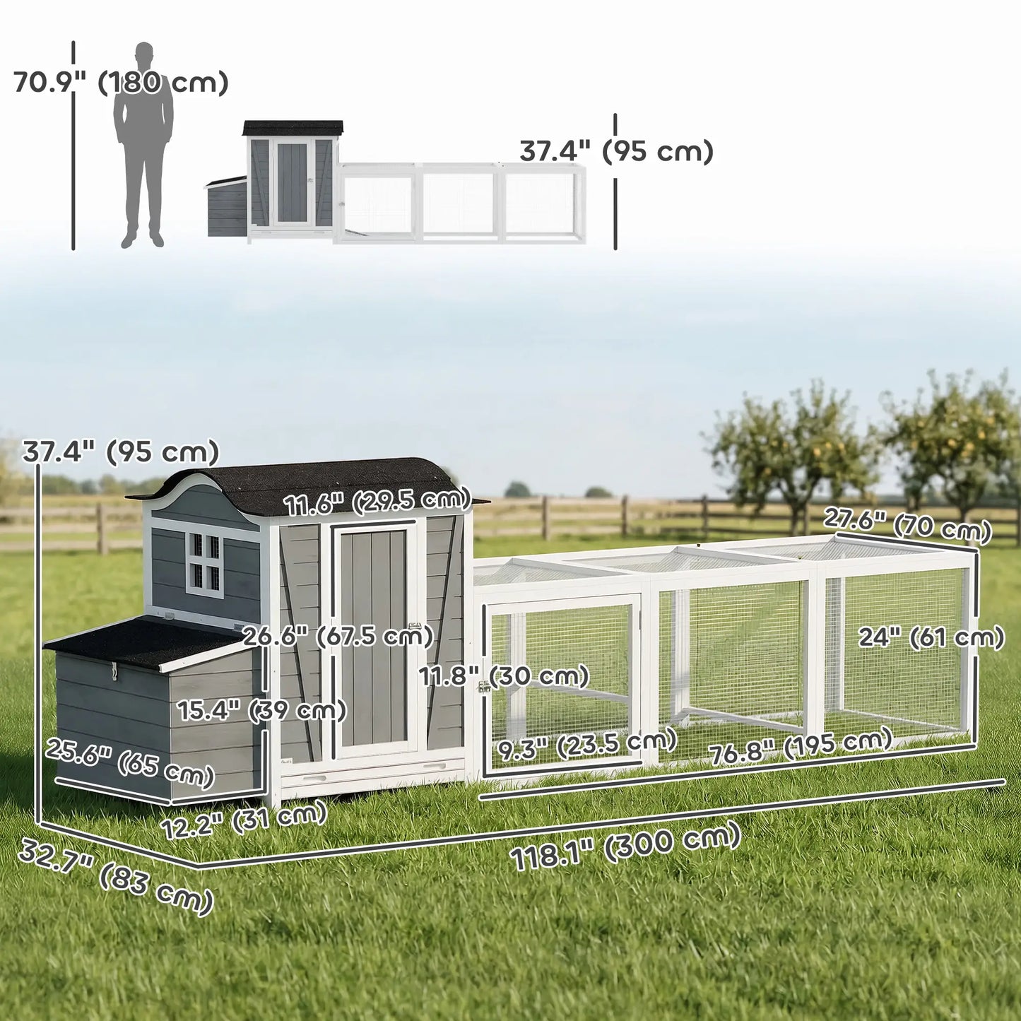 118"L Chicken Coop, Large Wooden Hen House with Run, Pull-Out Tray, Waterproof Roof, Nesting Box, Swing, Roosting Bars Chicken Coops at Gallery Canada