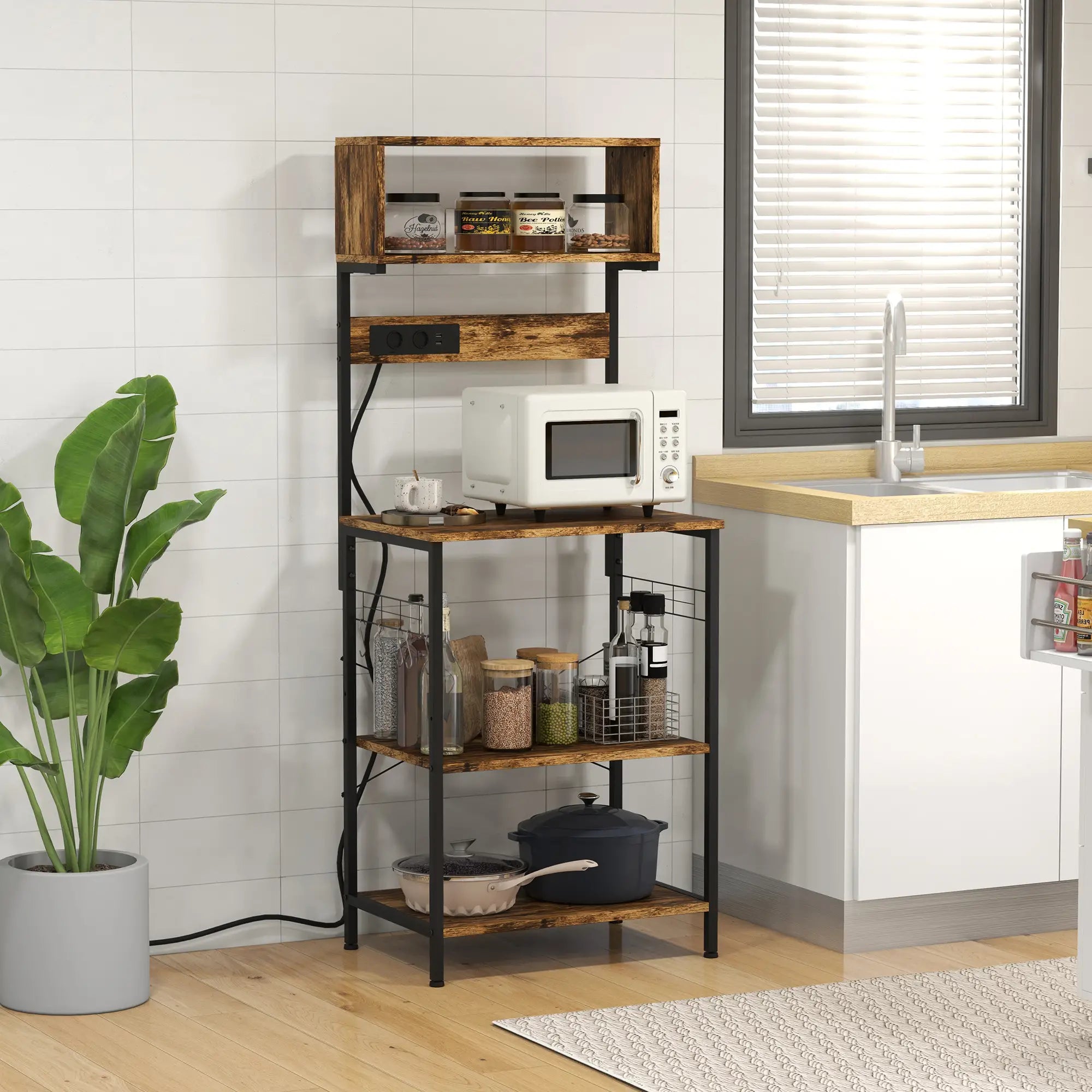Baker's Rack with Charging Station, Microwave Shelf, Rustic Brown Storage Cabinets at Gallery Canada