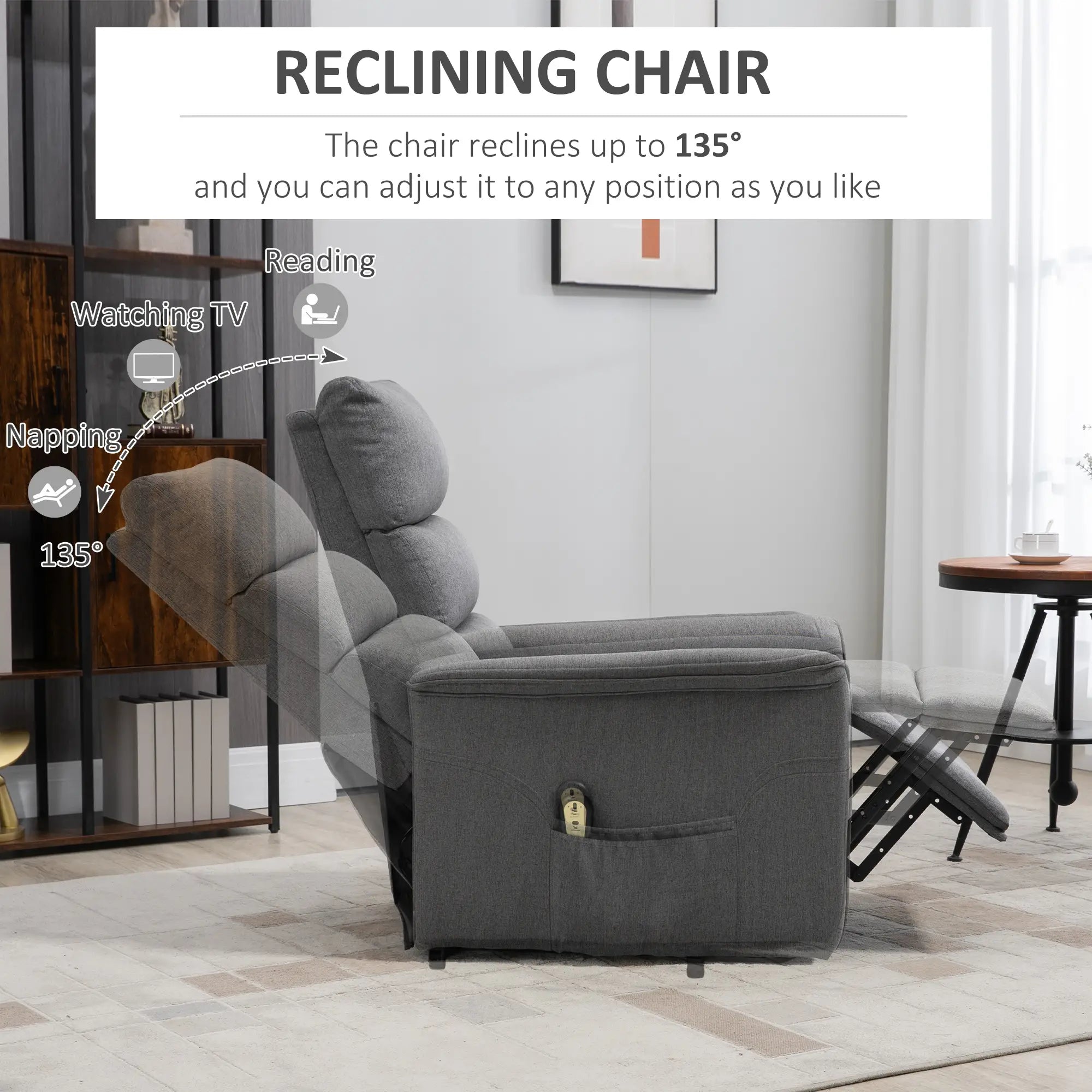 Power Lift Chair Recliner, Remote Control, Side Pockets, Dark Grey Electric Power Lift Chairs at Gallery Canada