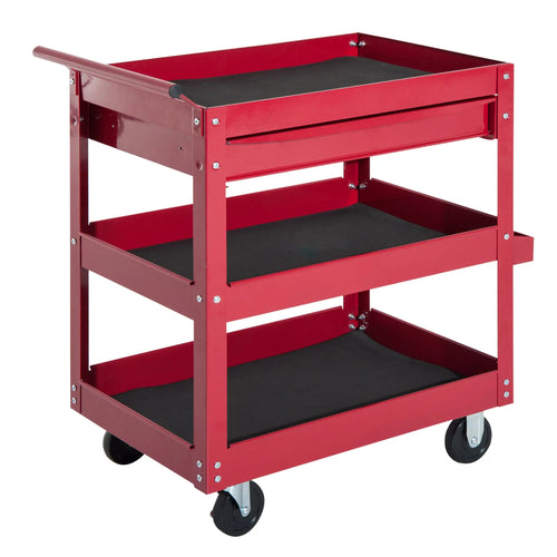 3-Tier Rolling Tool Cart, Drawer and Side Box, 132 LBS Capacity, Red