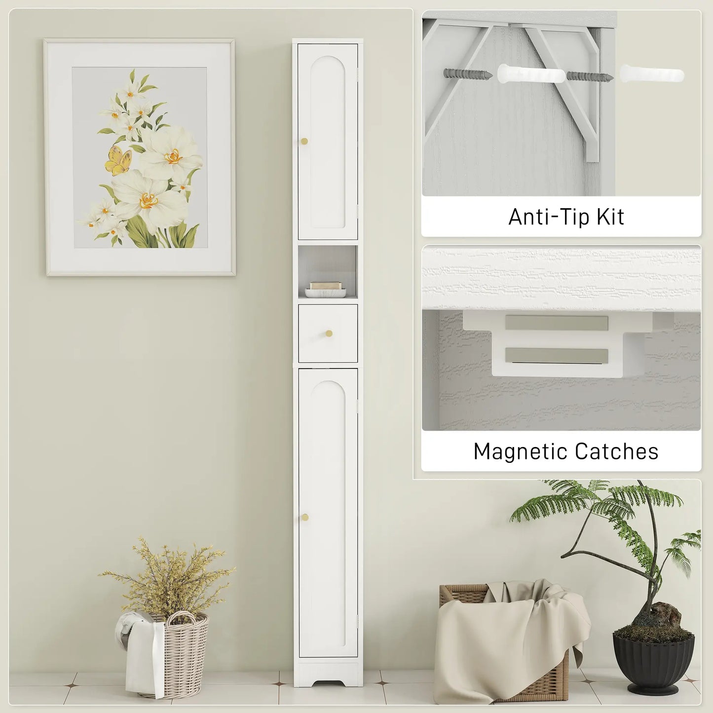 Tall Bathroom Cabinet, Modern Slim Storage, Arched Doors, White Freestanding Bathroom Cabinets at Gallery Canada