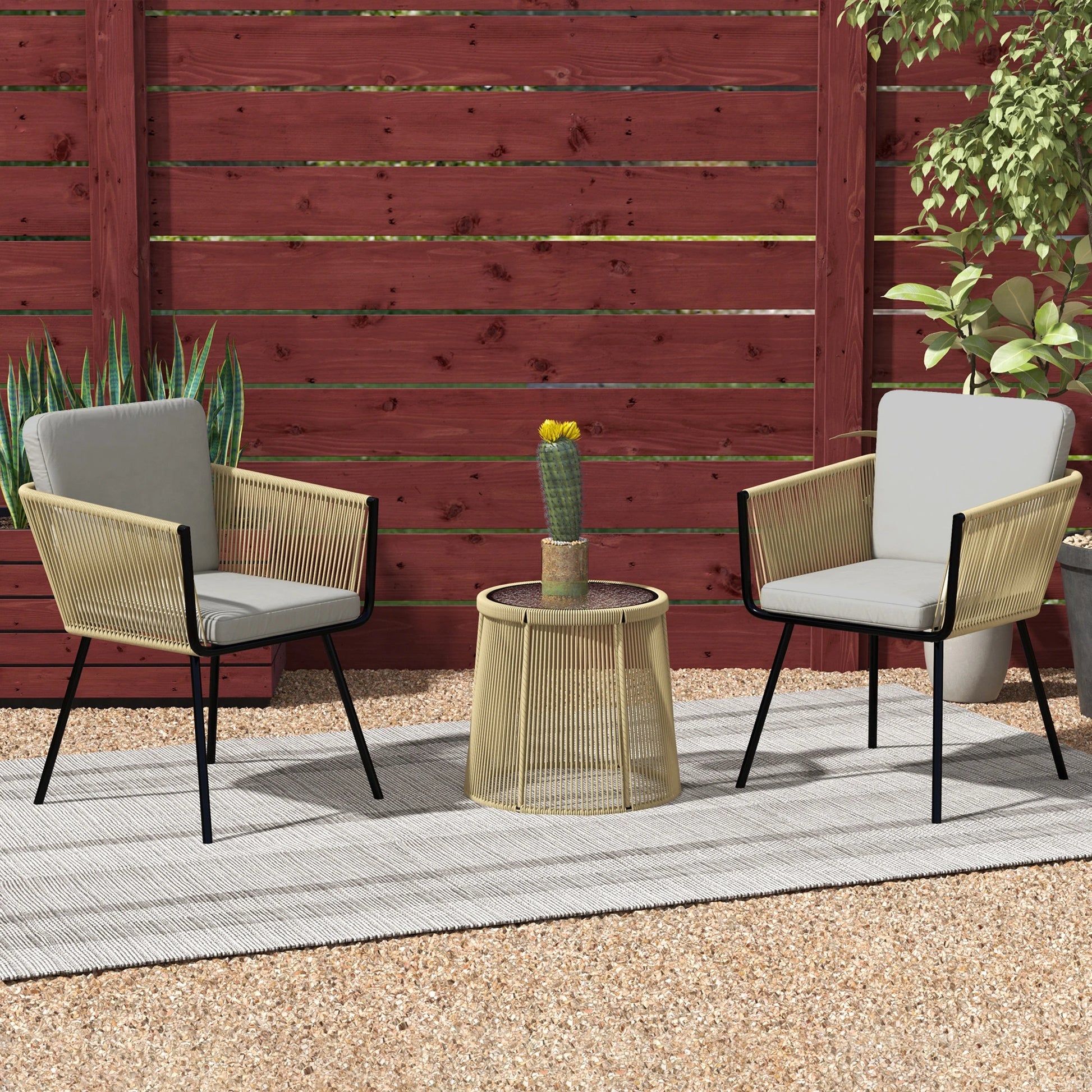 3 Piece Outdoor Patio Bistro Set, Wicker Rattan Furniture with Metal Legs for Garden, Backyard, Coffee and Light Grey Bistro Sets at Gallery Canada
