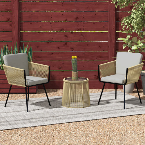 3 Piece Outdoor Patio Bistro Set, Wicker Rattan Furniture with Metal Legs for Garden, Backyard, Coffee and Light Grey