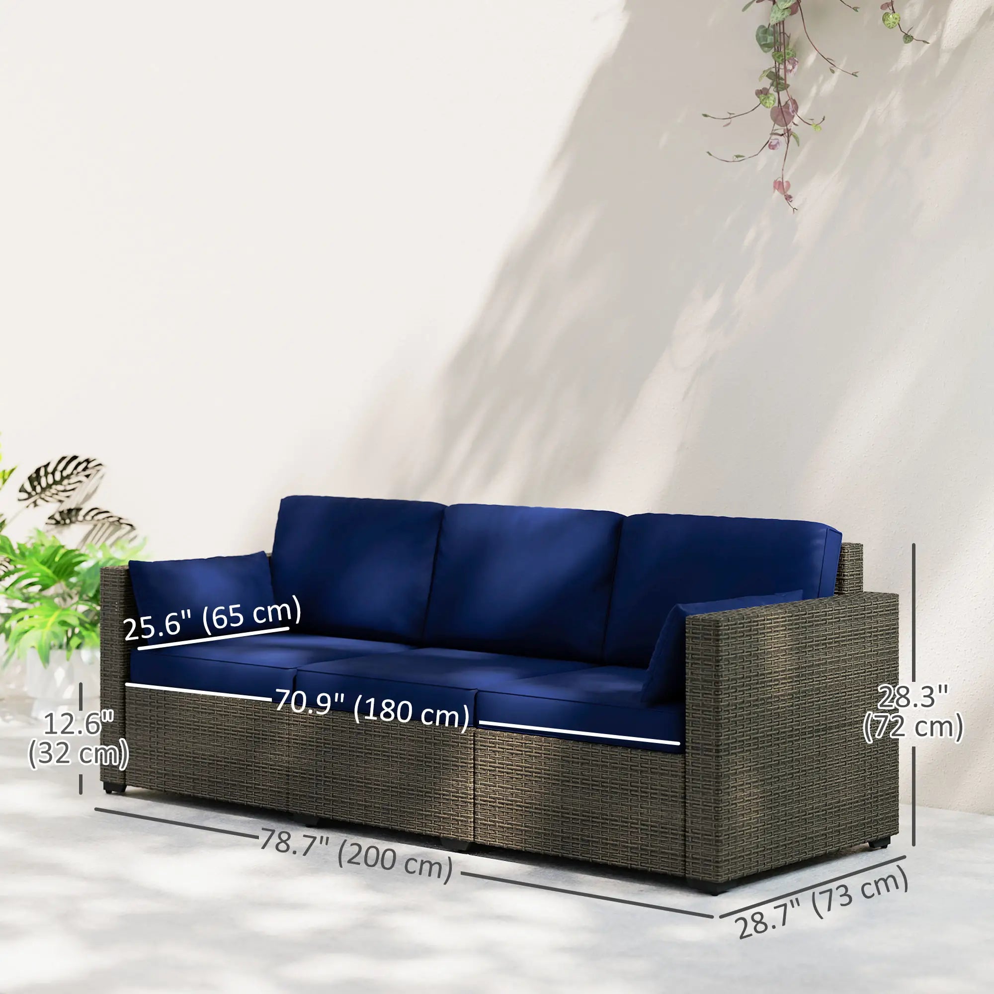 3-Seater Outdoor Sofa, PE Rattan Patio Couch With Cushions, Blue/Brown Patio Furniture Sets at Gallery Canada