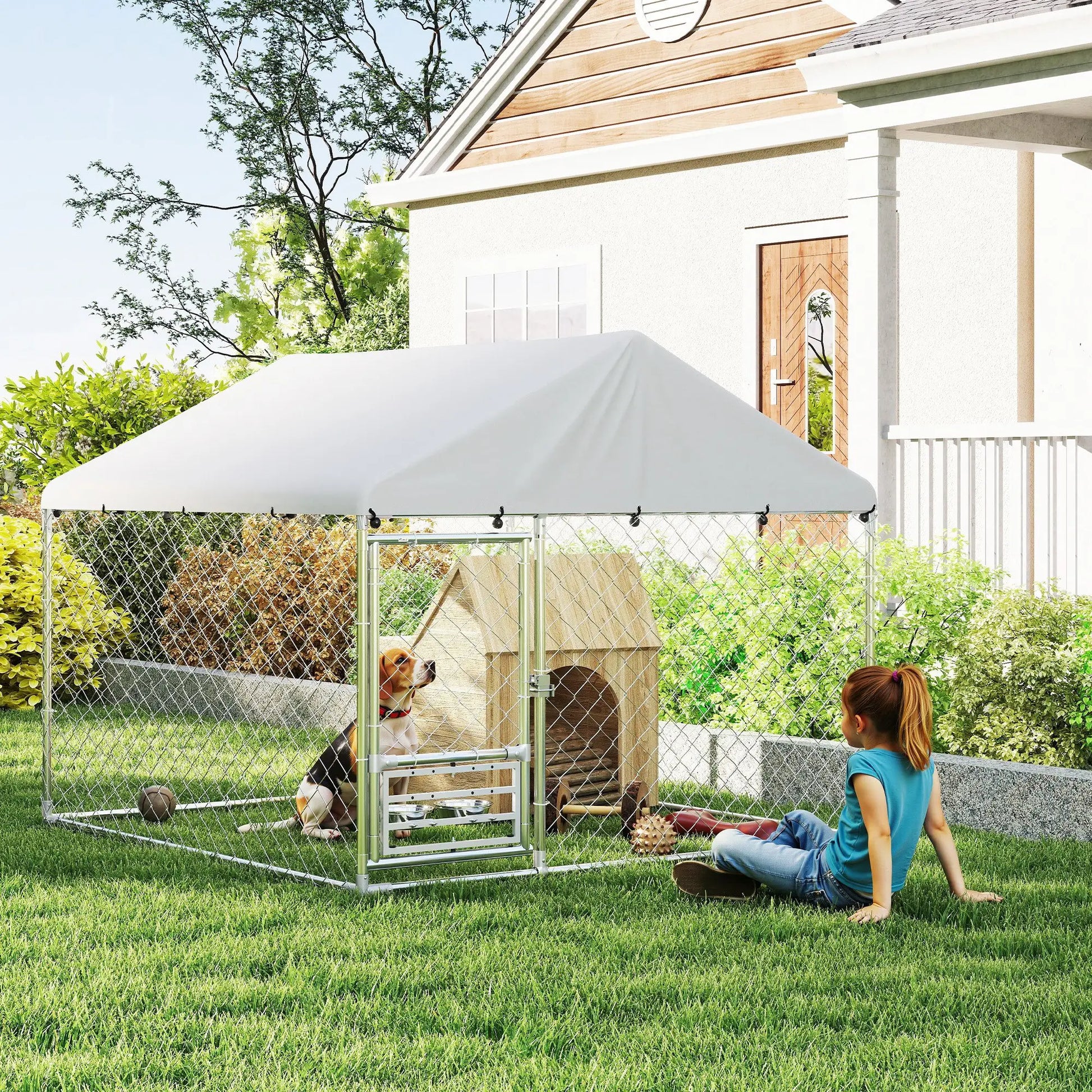Outdoor Dog Run, Adjustable Rotating Bowls, Waterproof Cover, 6.6' x 6.6' x 5.1' Houses, Kennels & Pens at Gallery Canada