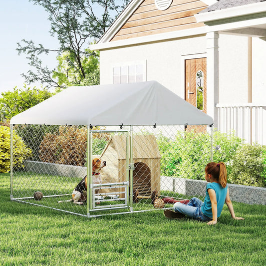 Outdoor Dog Run, Adjustable Rotating Bowls, Waterproof Cover, 6.6' x 6.6' x 5.1' Houses, Kennels & Pens Silver at Gallery Canada