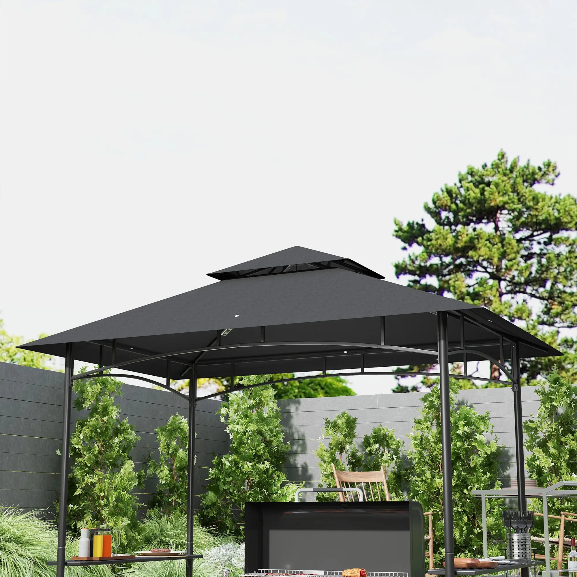 8' x 5' BBQ Gazebo, 2-Tier With Shelves, Storage Basket, Dark Grey BBQ Grill Gazebos at Gallery Canada