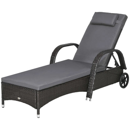 Outdoor Lounger, Adjustable Deck Chair, Headrest, Wheels, Deep Coffee, Med Grey, Coffee, Grey Chaise Loungers Deep Coffee at Gallery Canada