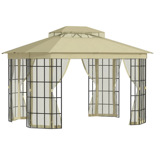 12'x10' Soft-Top Patio Gazebo, Steel Frame, Vented Roof, Mosquito Netting, Beige