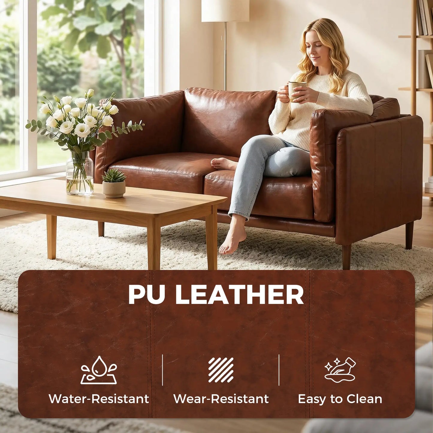 59" Loveseat Sofa, PU Leather 2 Seater with Wide Seat, Brown 2-Seater Sofas at Gallery Canada