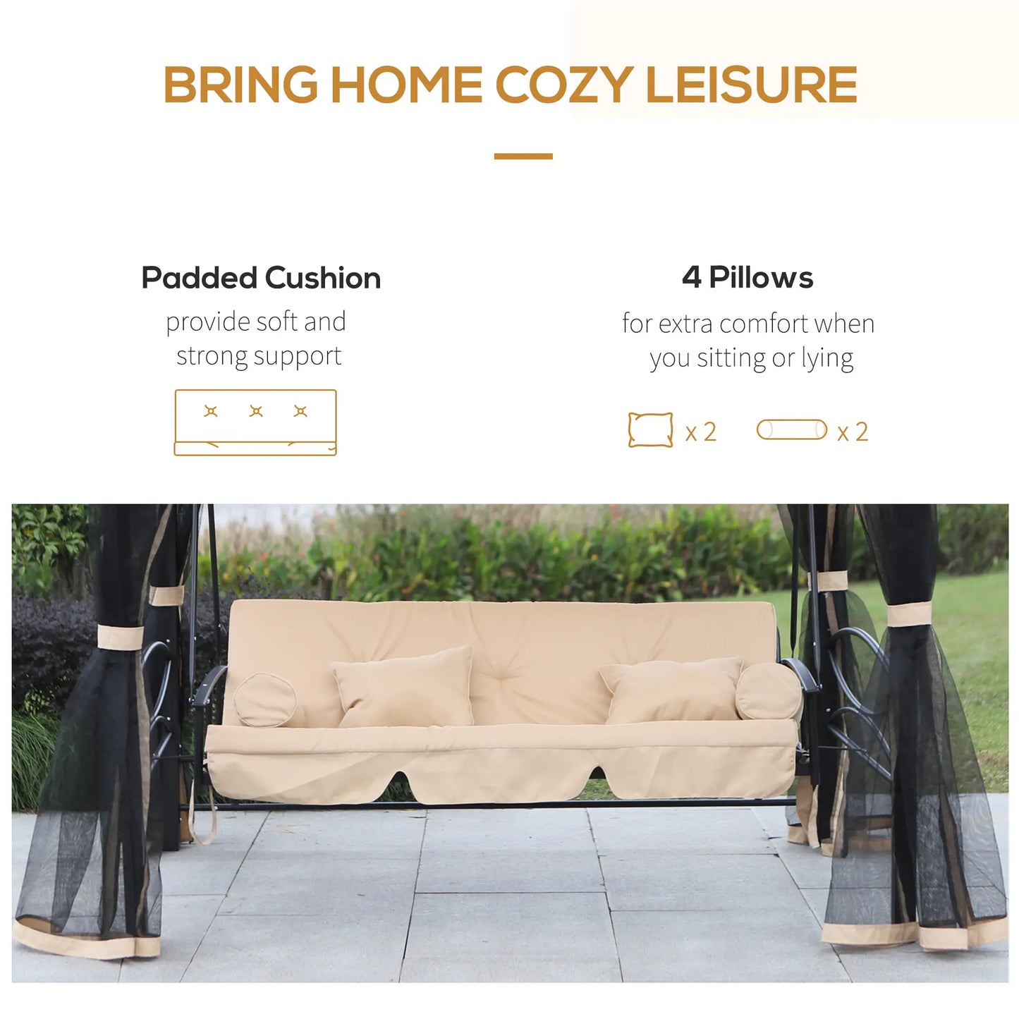 3 Person Outdoor Daybed, Canopy Gazebo Swing Chair, Mesh Mosquito Net, Sun Shade, Beige Porch Swings with Canopy at Gallery Canada