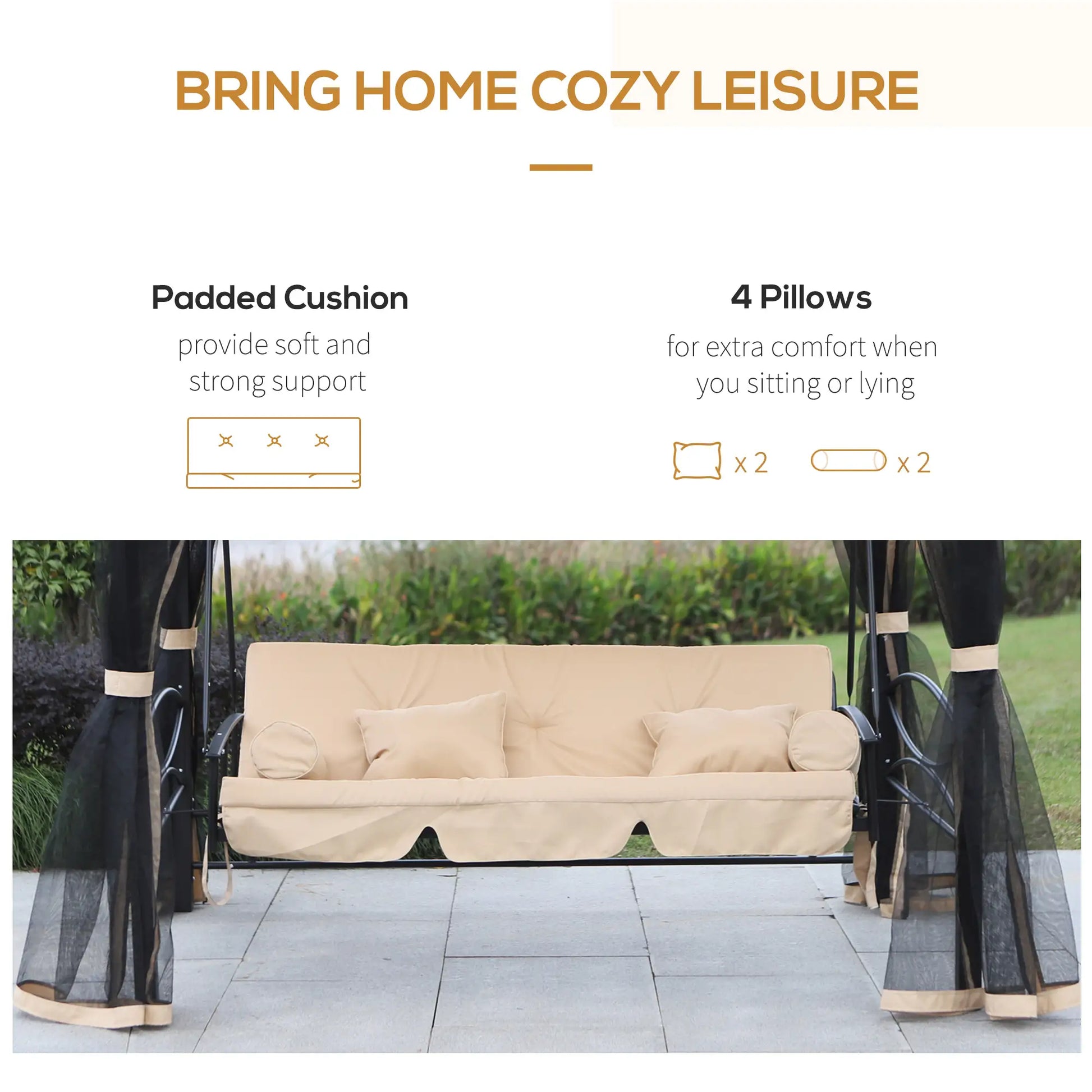 3 Person Outdoor Daybed, Canopy Gazebo Swing Chair, Mesh Mosquito Net, Sun Shade, Beige Porch Swings with Canopy at Gallery Canada