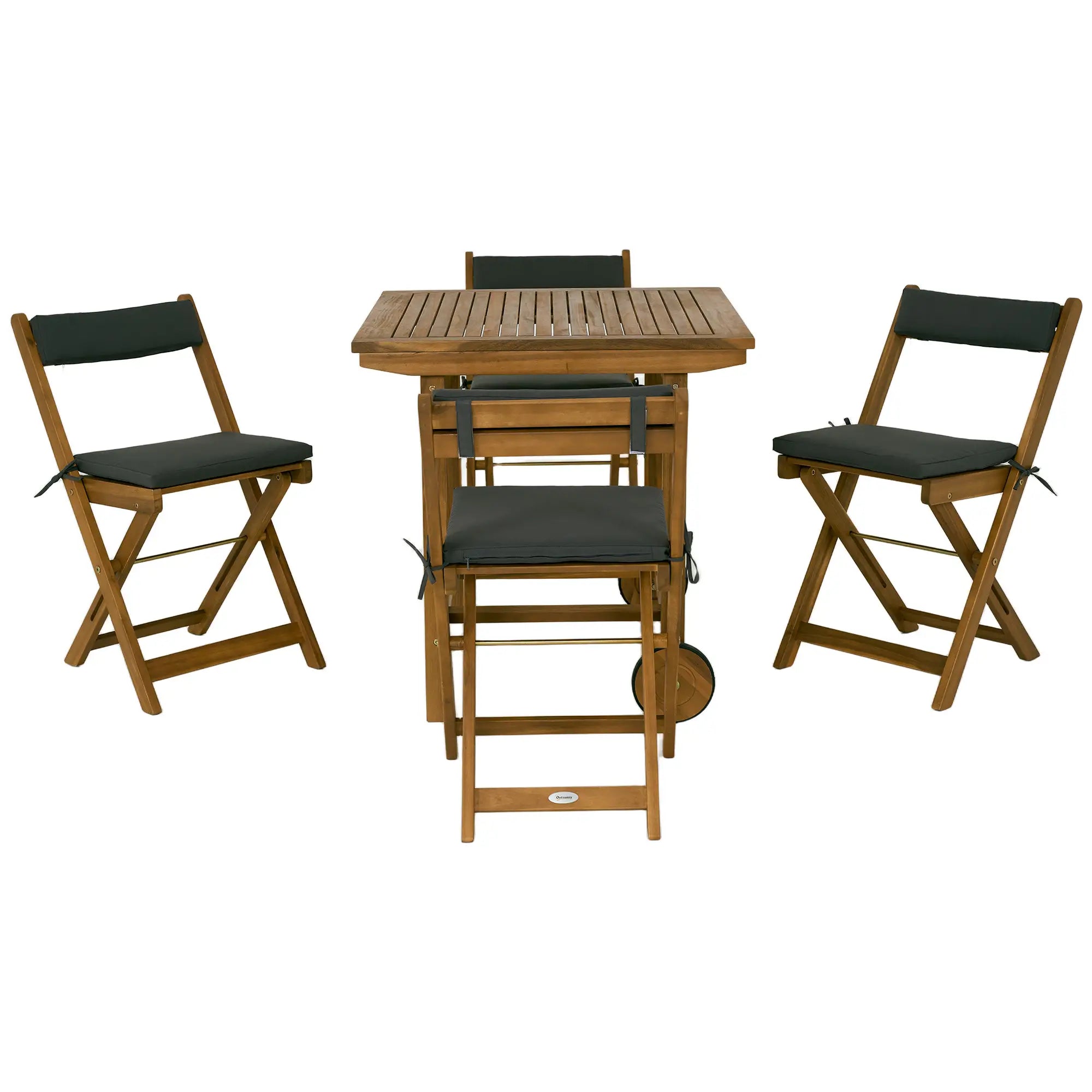 5-Piece Wood Patio Dining Set, Wheeled Table, Folding Chairs with Cushions, Teak Outdoor Dining Sets Teak, Grey at Gallery Canada