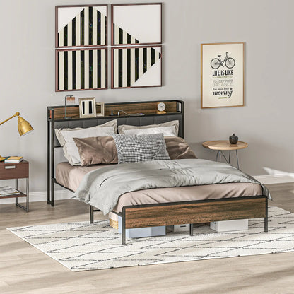 Queen Size Bed Frame, Upholstered Headboard, Storage Shelf, Walnut Bedroom Furniture at Gallery Canada