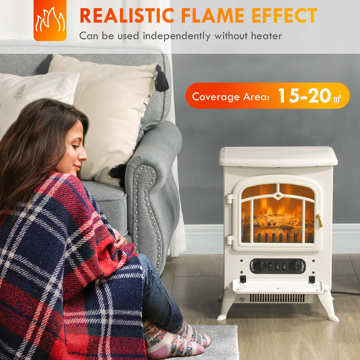 16" Freestanding Electric Fireplace Heater, Wood Flame, 750/1500W, Beige Electric Fireplaces at Gallery Canada