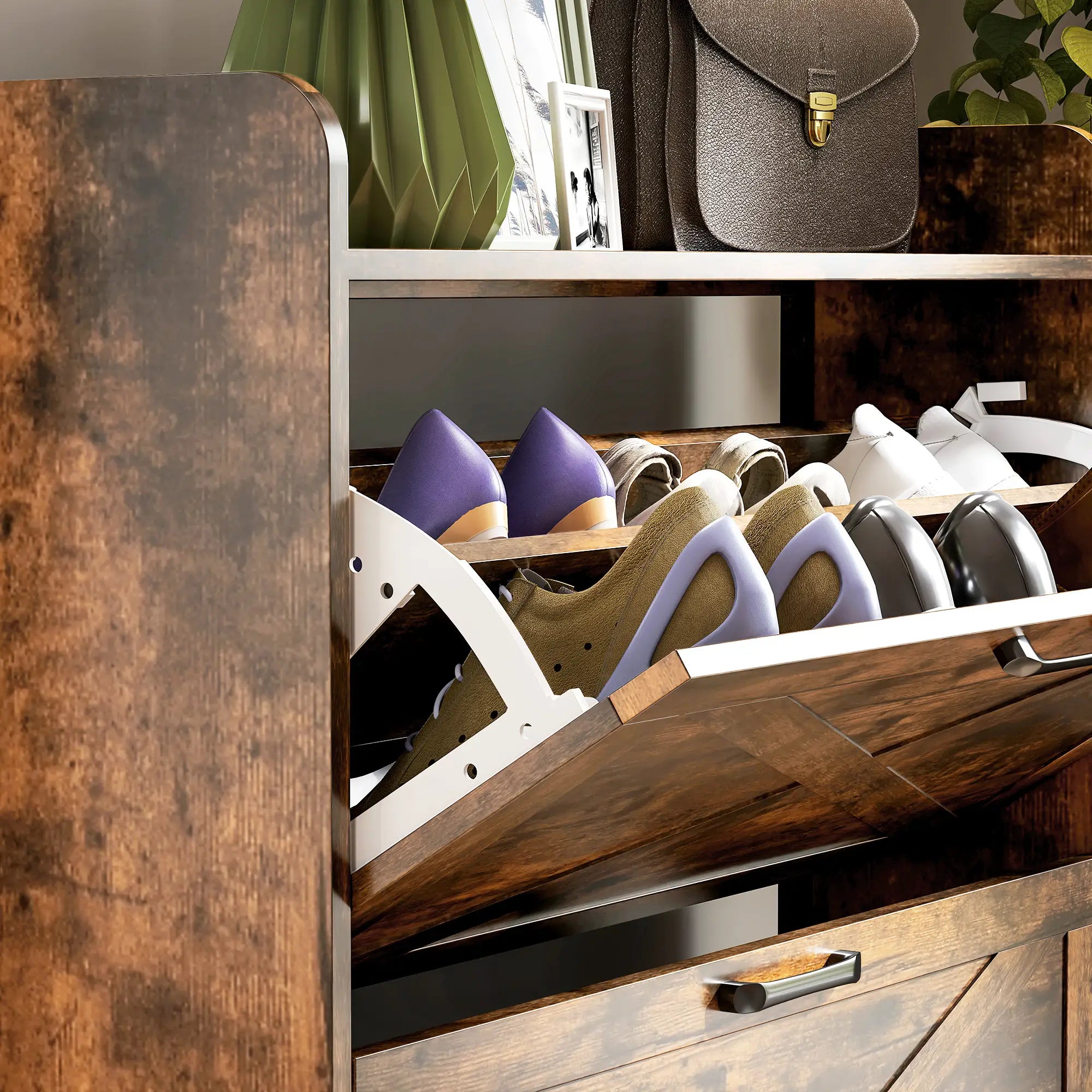Narrow Shoe Storage Cabinet, 3 Flip Drawers, Adjustable Shelves, Rustic Brown Shoe Storage Cabinets & Racks at Gallery Canada