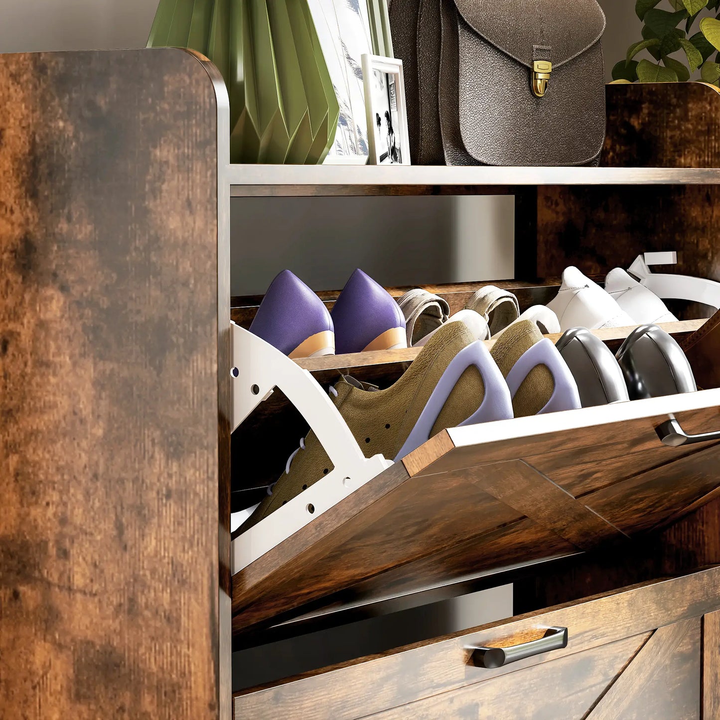 Narrow Shoe Storage Cabinet, 3 Flip Drawers, Adjustable Shelves, Rustic Brown Shoe Storage Cabinets & Racks at Gallery Canada