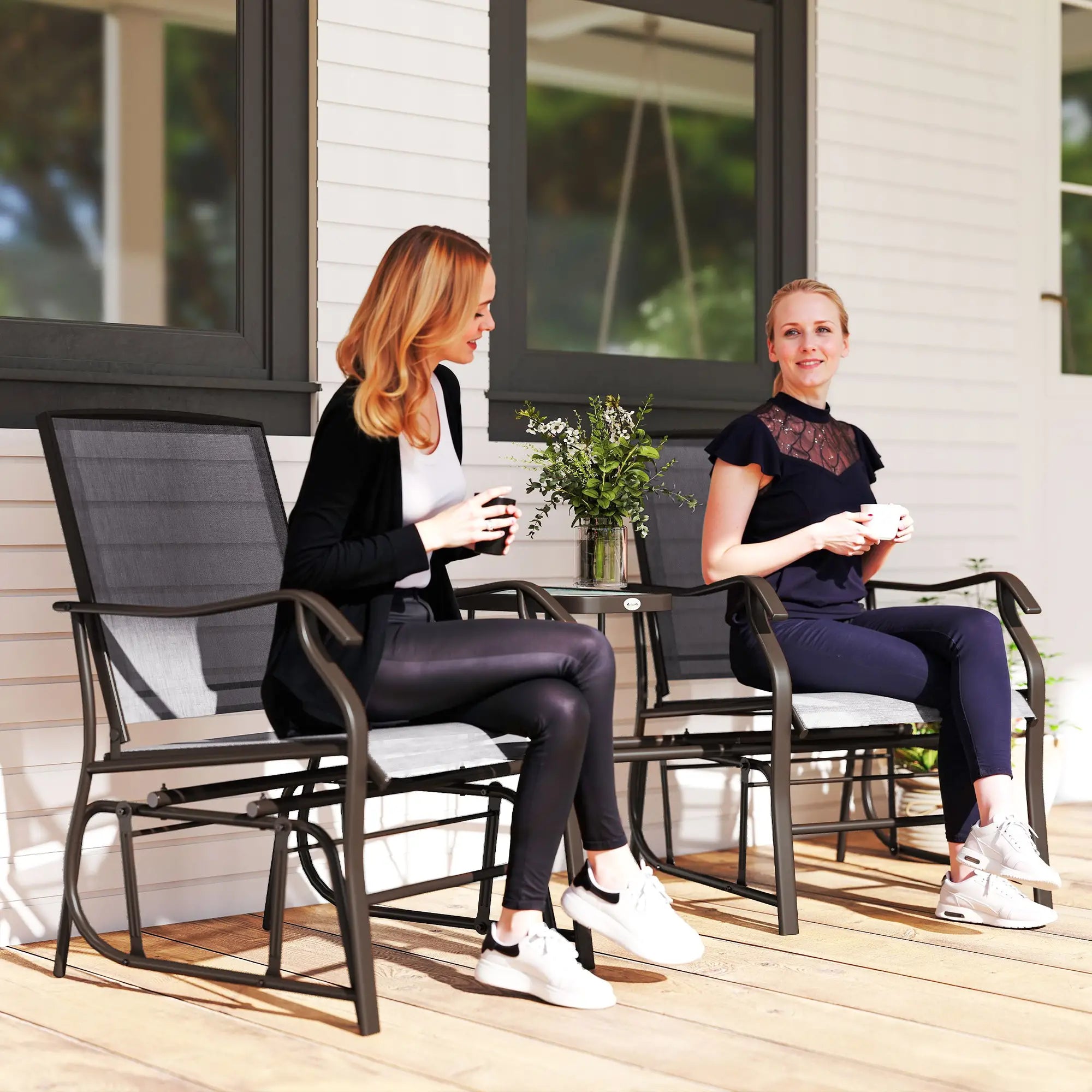 Double Glider Chair with Glass Top Table, Outdoor High Back, Grey Outdoor Gliders at Gallery Canada