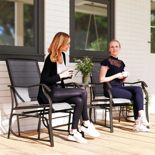 Double Glider Chair with Glass Top Table, Outdoor High Back, Grey