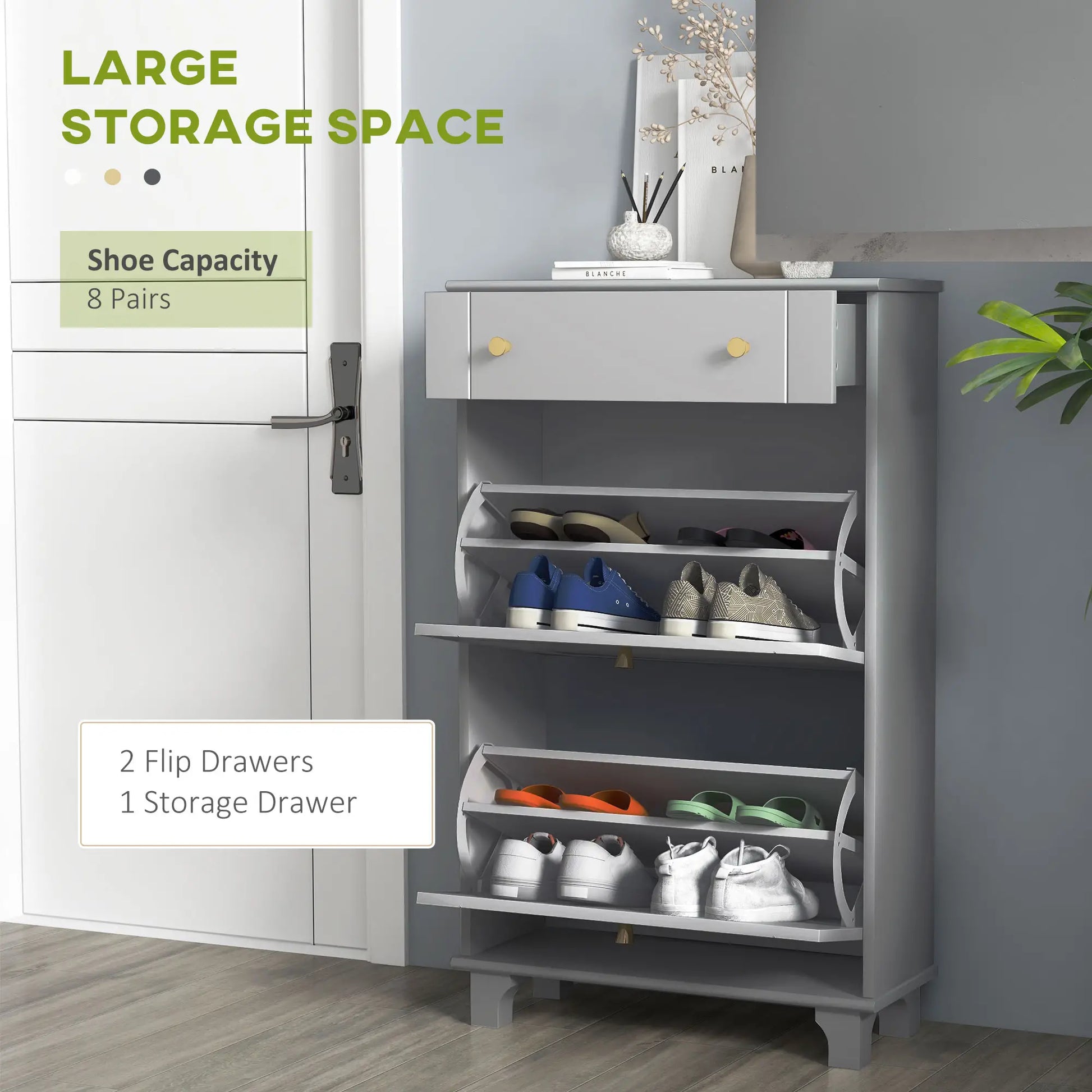 Slim Shoe Storage, 2 Flip Drawers, Adjustable Shelves, 8 Pair, Grey Shoe Storage Cabinets & Racks at Gallery Canada