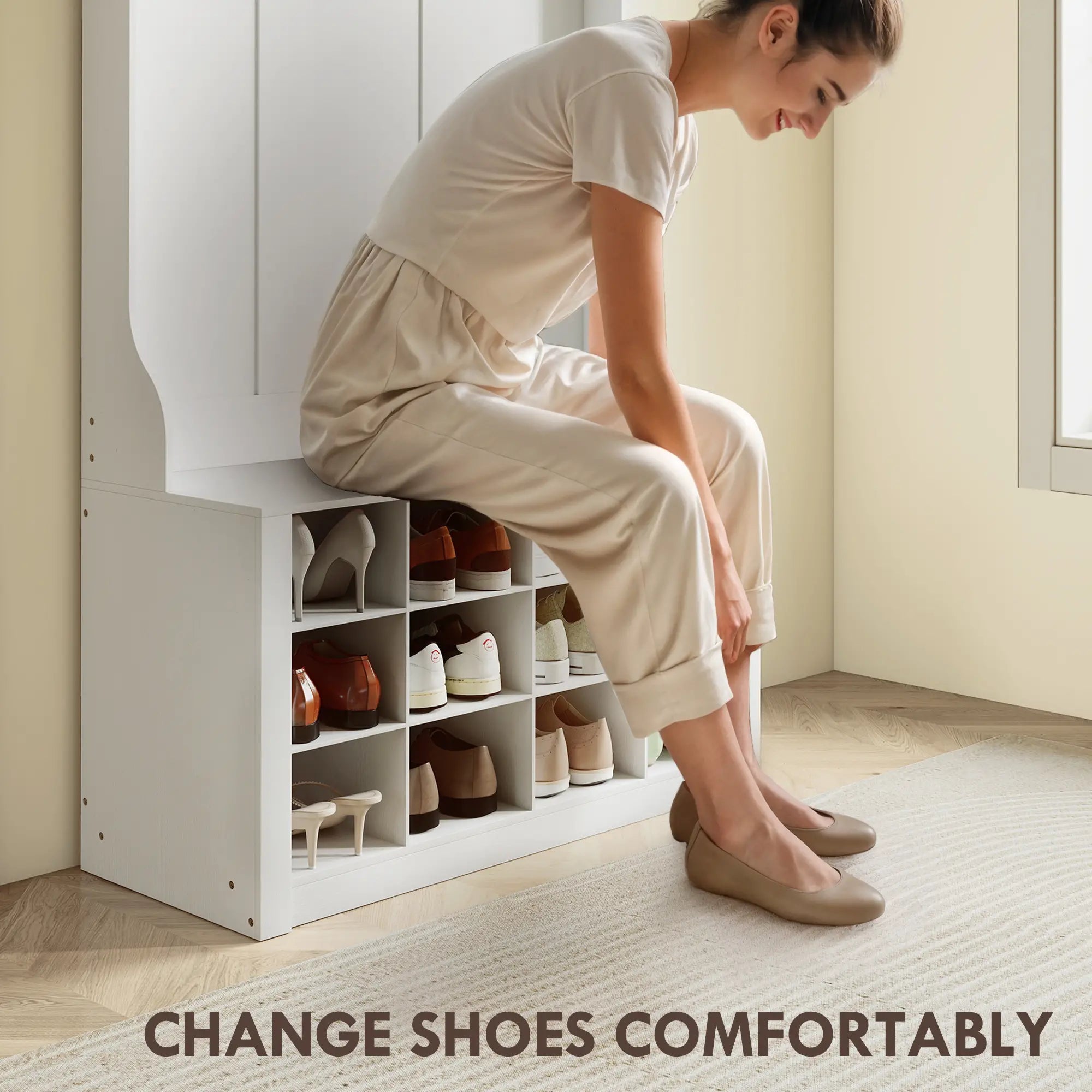 4-In-1 Hall Tree with Bench, Shoe Storage, 12 Cubbies, 6 Hooks, White Clothing Storage at Gallery Canada