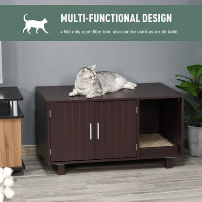 Wooden Cat Washroom Pet Litter Box Enclosure Kitten House Nightstand End Table with Scratcher Magnetic Doors Brown at Gallery Canada