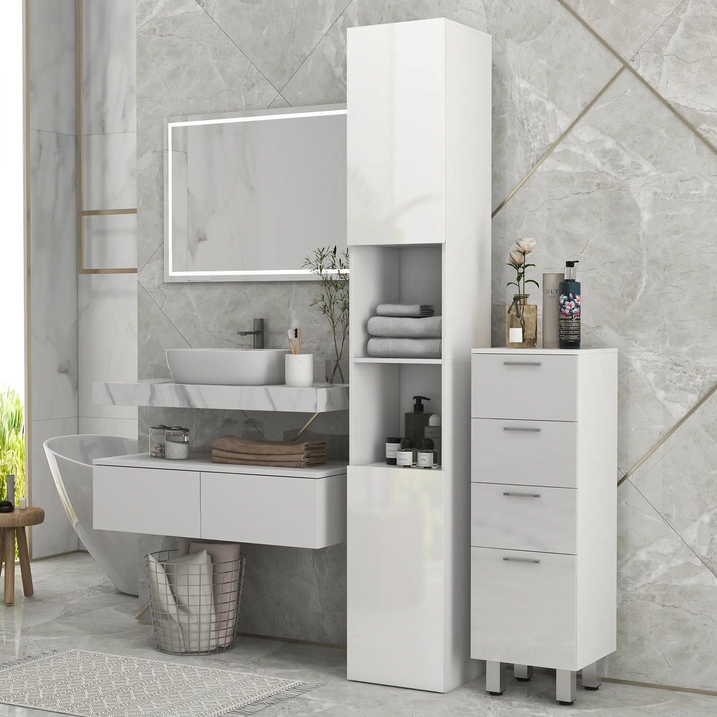 Tall Bathroom Cabinet, High Gloss Storage, Adjustable Shelves, 11.8" x 11.8" x 71.5", White Bathroom Cabinets at Gallery Canada