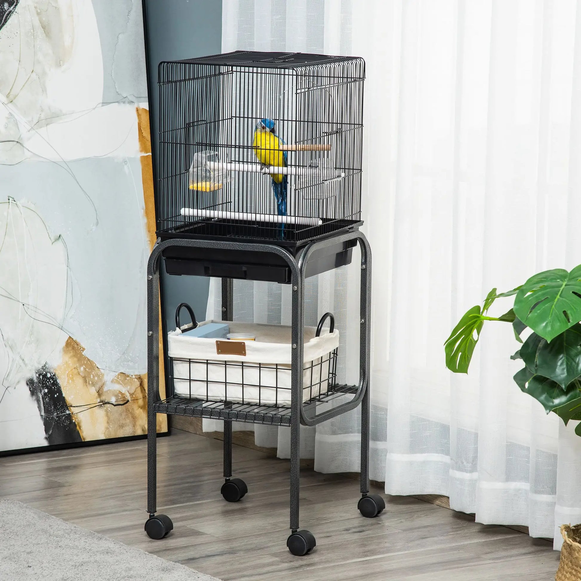 44.5"H Metal Bird Cage, Parrot Play Stand, Wheel, Storage Shelf, Black Bird Cages at Gallery Canada