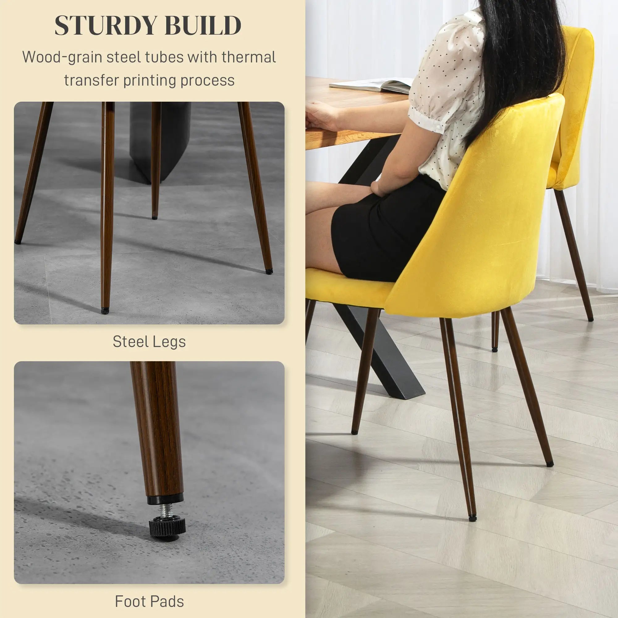 Upholstered Dining Chairs Set of 4, Velvet, Wood-Grain Steel Leg, Yellow Dining Chairs at Gallery Canada