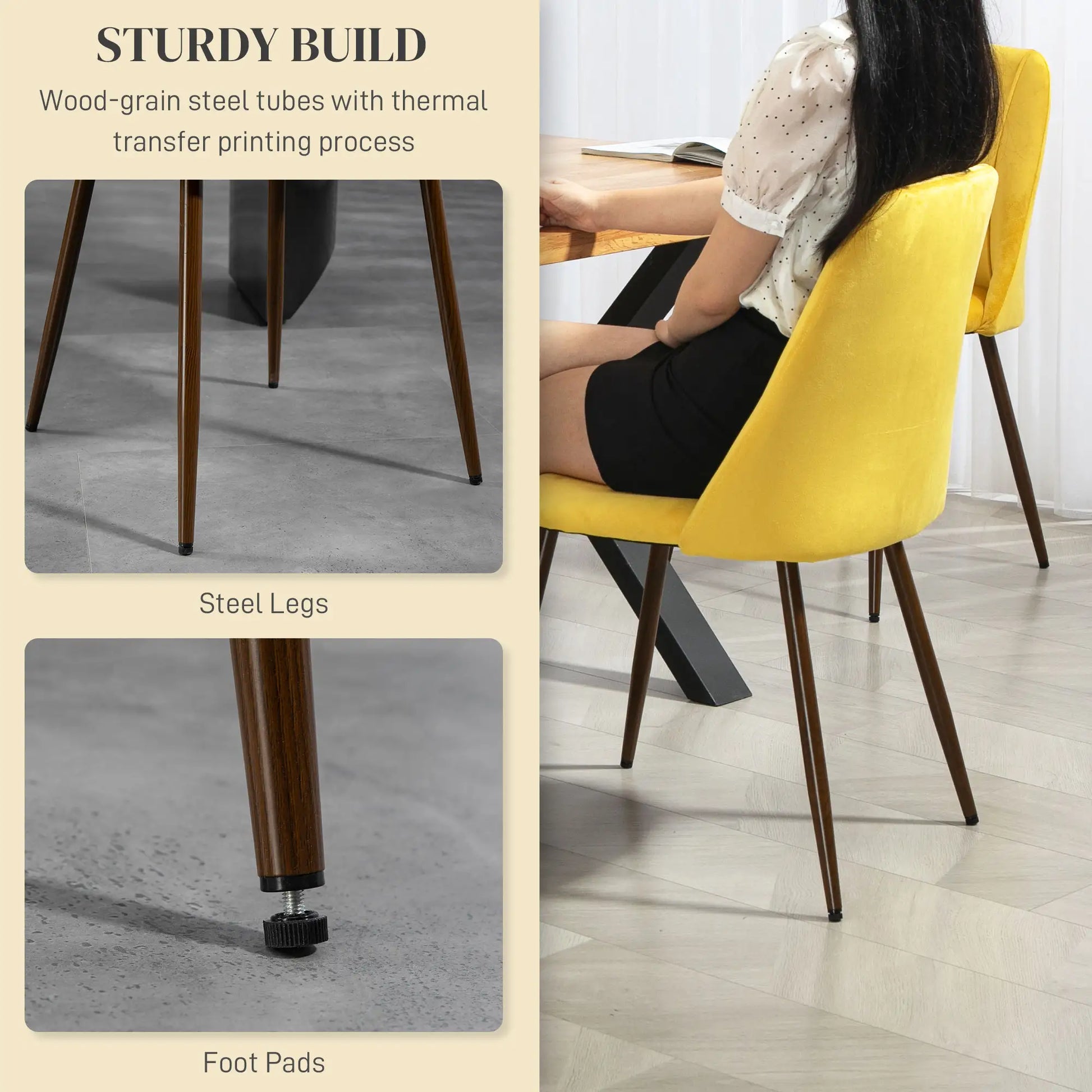 Upholstered Dining Chairs Set of 4, Velvet, Wood-Grain Steel Leg, Yellow Dining Chairs at Gallery Canada