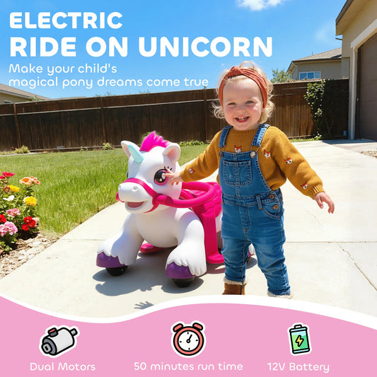 12V Unicorn Ride on Toy, Battery Powered, Carrot Toy, Comb, Animal Sounds Rocking Horses at Gallery Canada