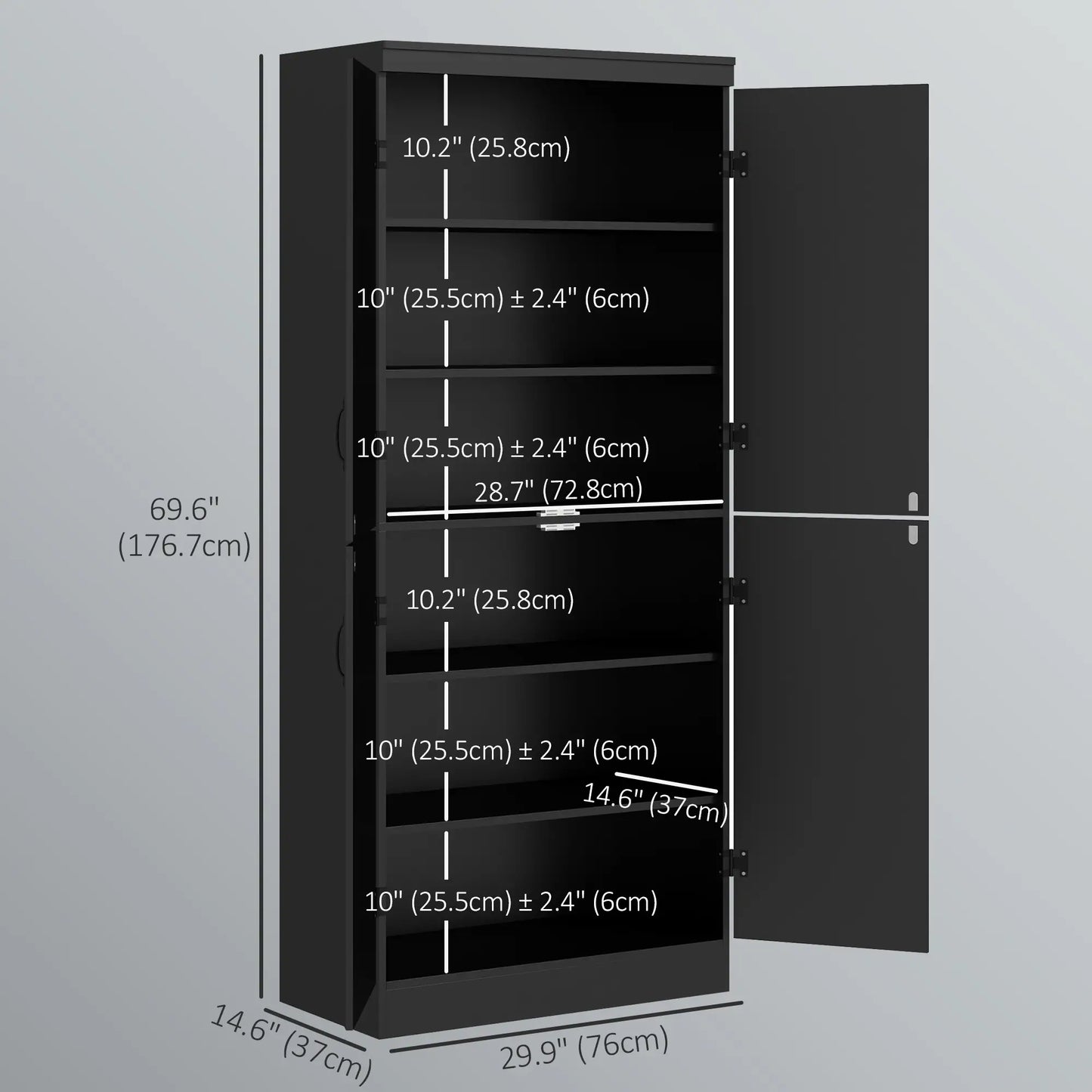 4-Door Storage Cabinet, Adjustable Shelves, 70", Black Kitchen Pantry Cabinets at Gallery Canada