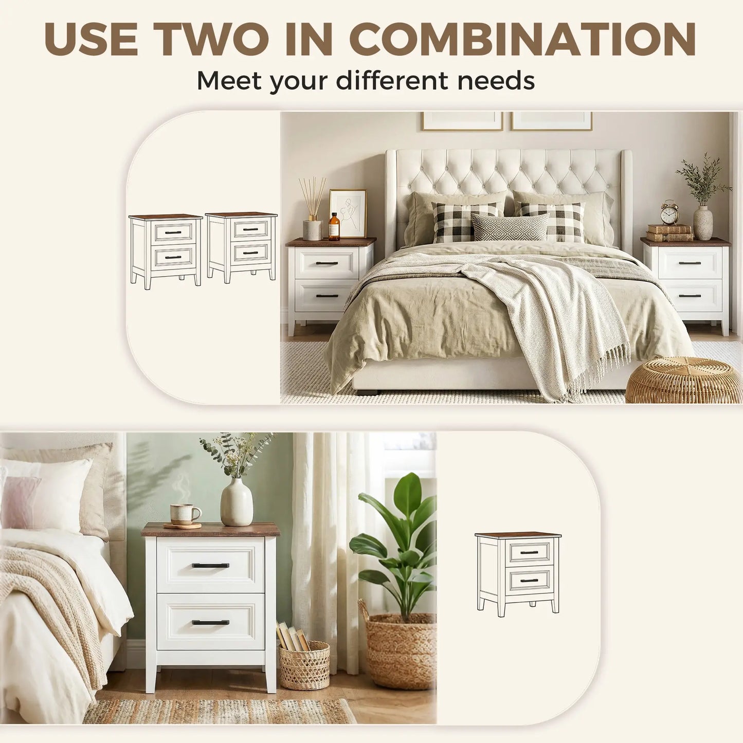 Farmhouse Nightstand Set of 2, 2 Drawers, White Bedside Tables at Gallery Canada