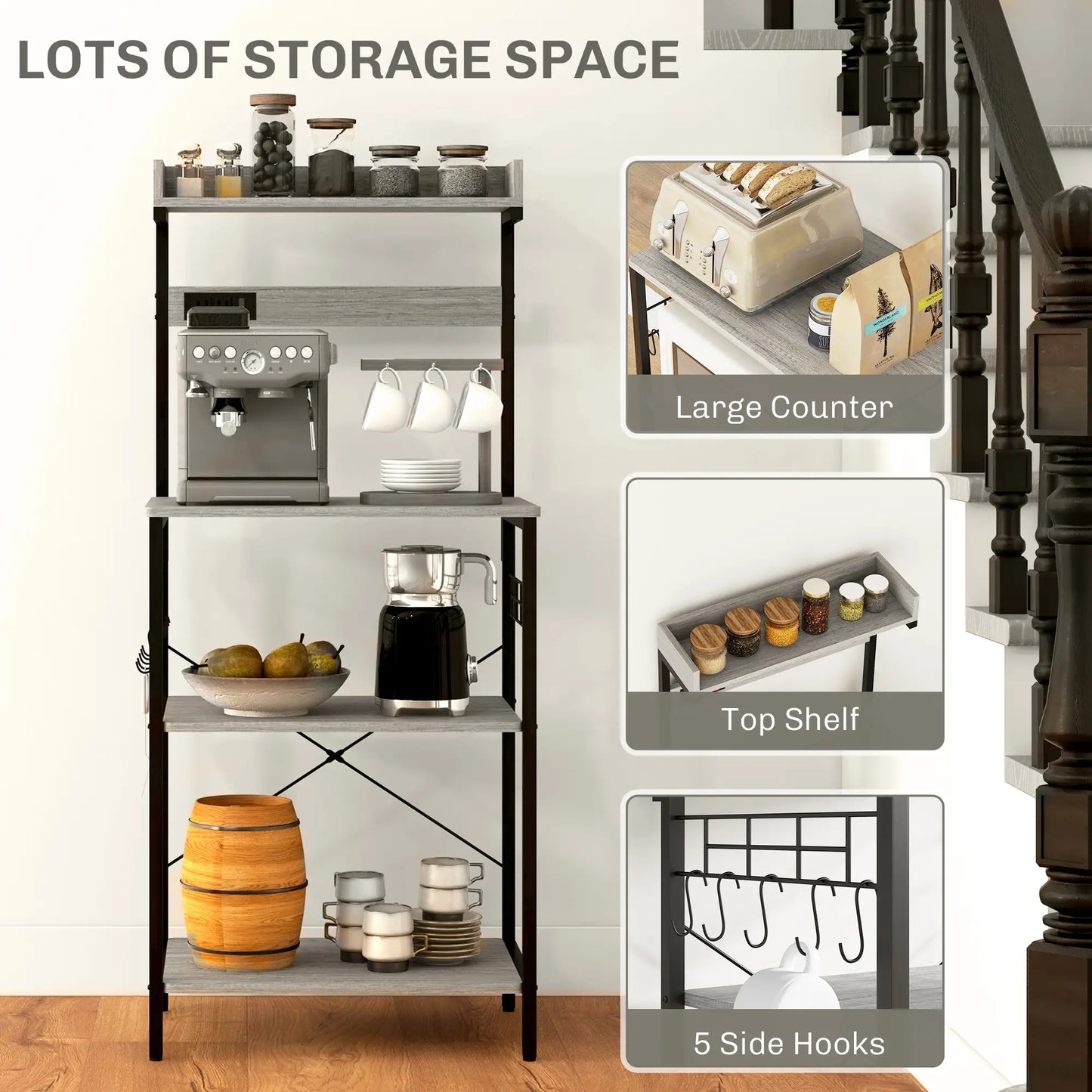 Kitchen Baker's Rack with Power Outlet, Adjustable Shelves, Distressed Grey, Grey Bar Cabinets at Gallery Canada